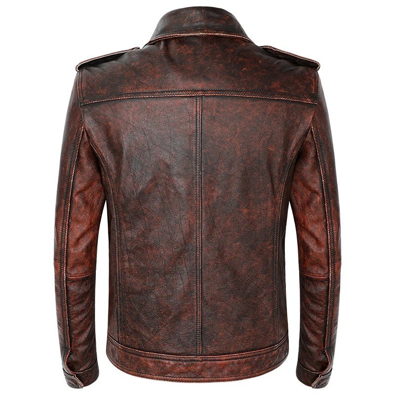 Men’s Brown Leather Jacket Distressed Motorcycle Biker Casual Zip Coat