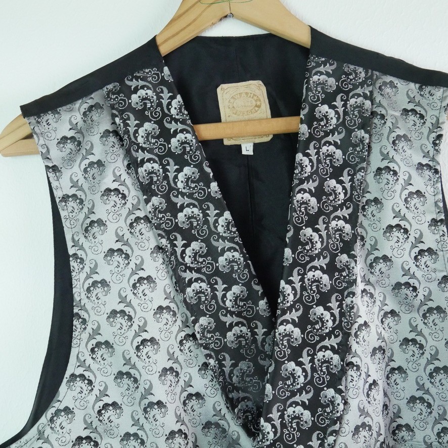 Wah Maker Mens Damask Jacquard Vest Double Breasted Waistcoat Large Western