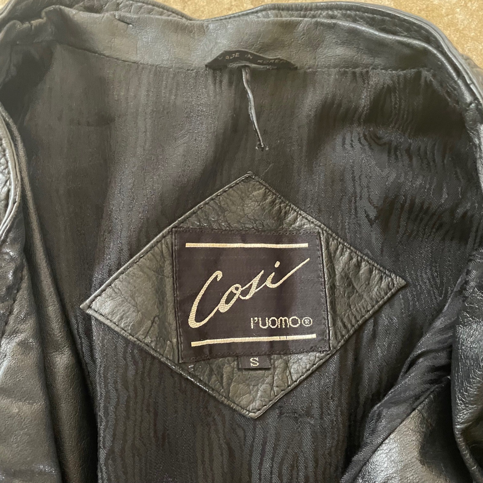 Cosi L’Uomo Mens Black Leather Embossed Geometric Bomber Jacket Size S Vintage