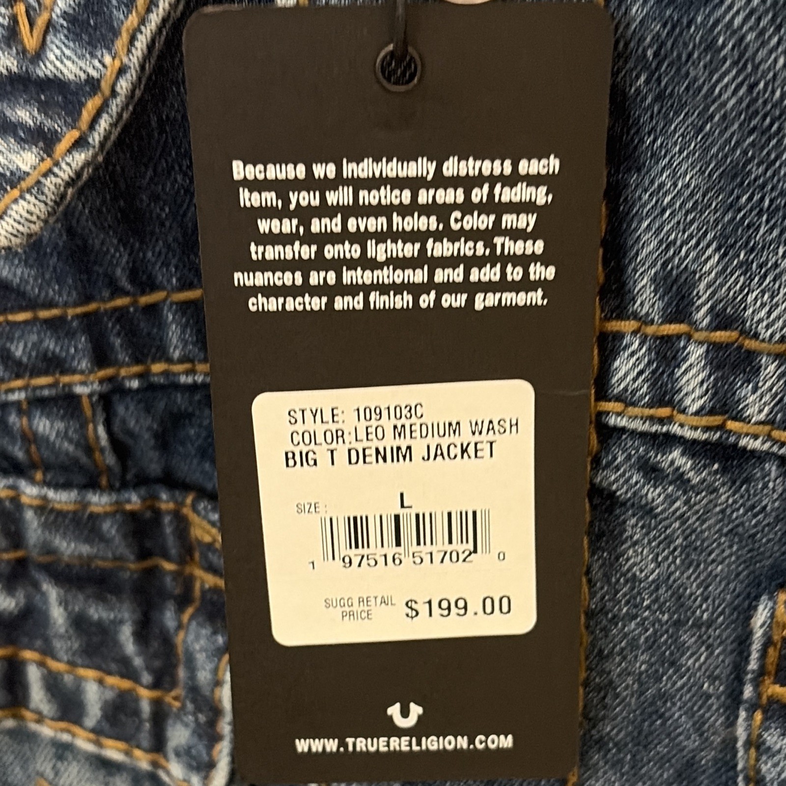 True Religion Men’s Big T Denim Jacket Size L Blue Button Front Pockets 109103C