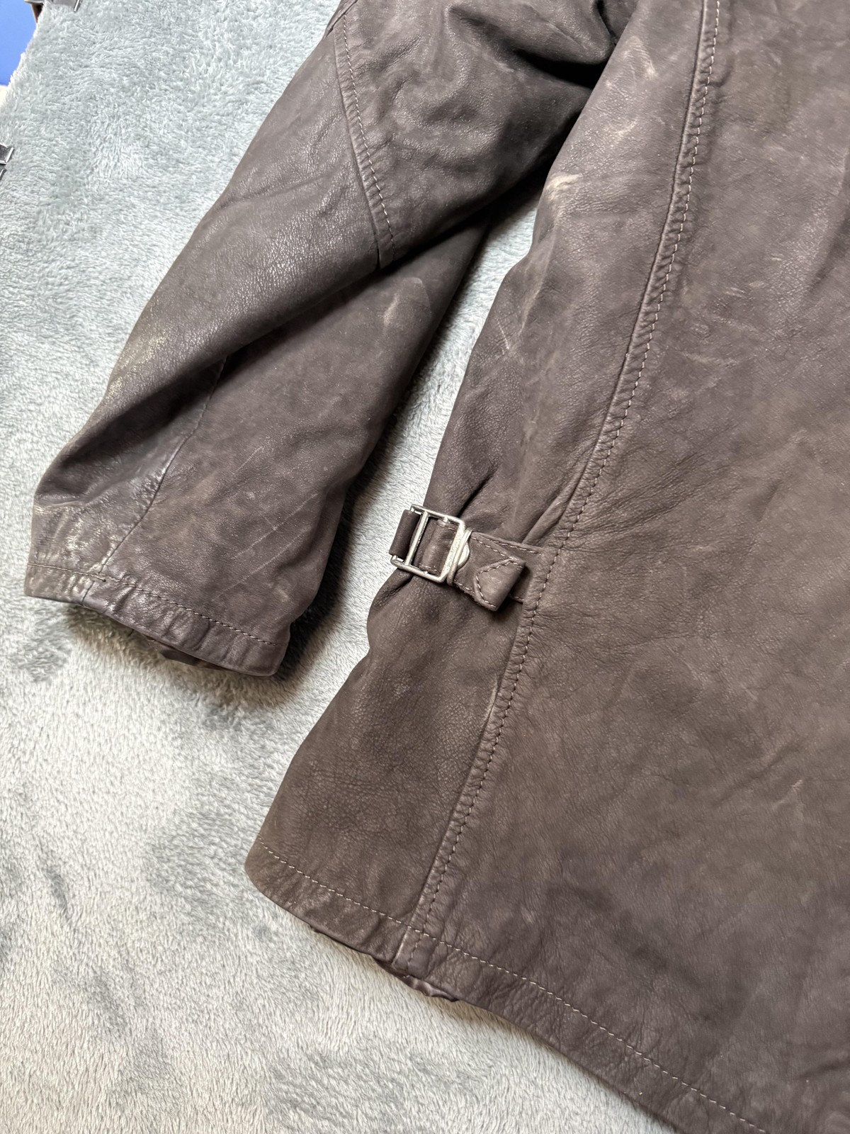 USED Leather Coat Mens 54 Brown Belted Button Front Quilted Overcoat Made Italy