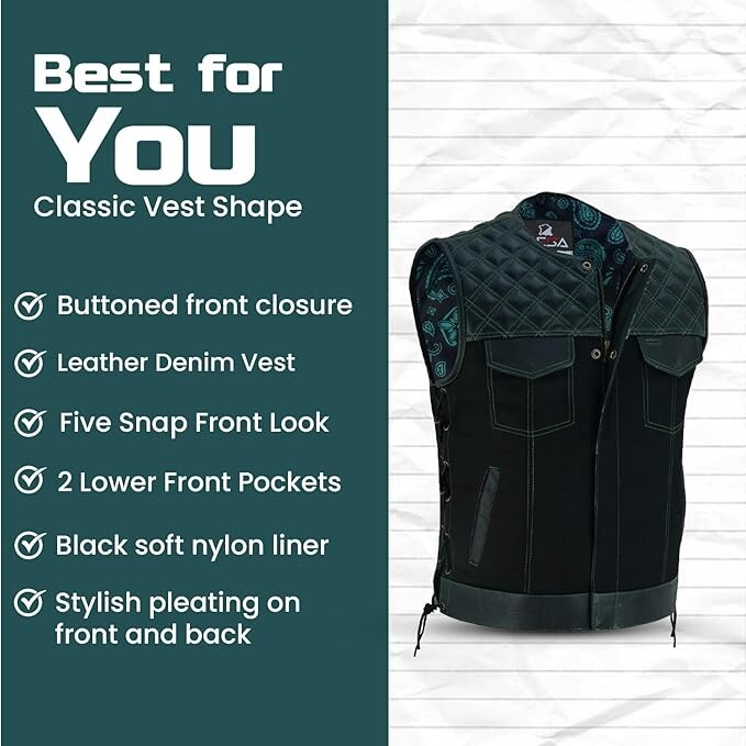Men’s Club Style Leather Denim Vest Collar Less With Green Stiches’ Laces Up