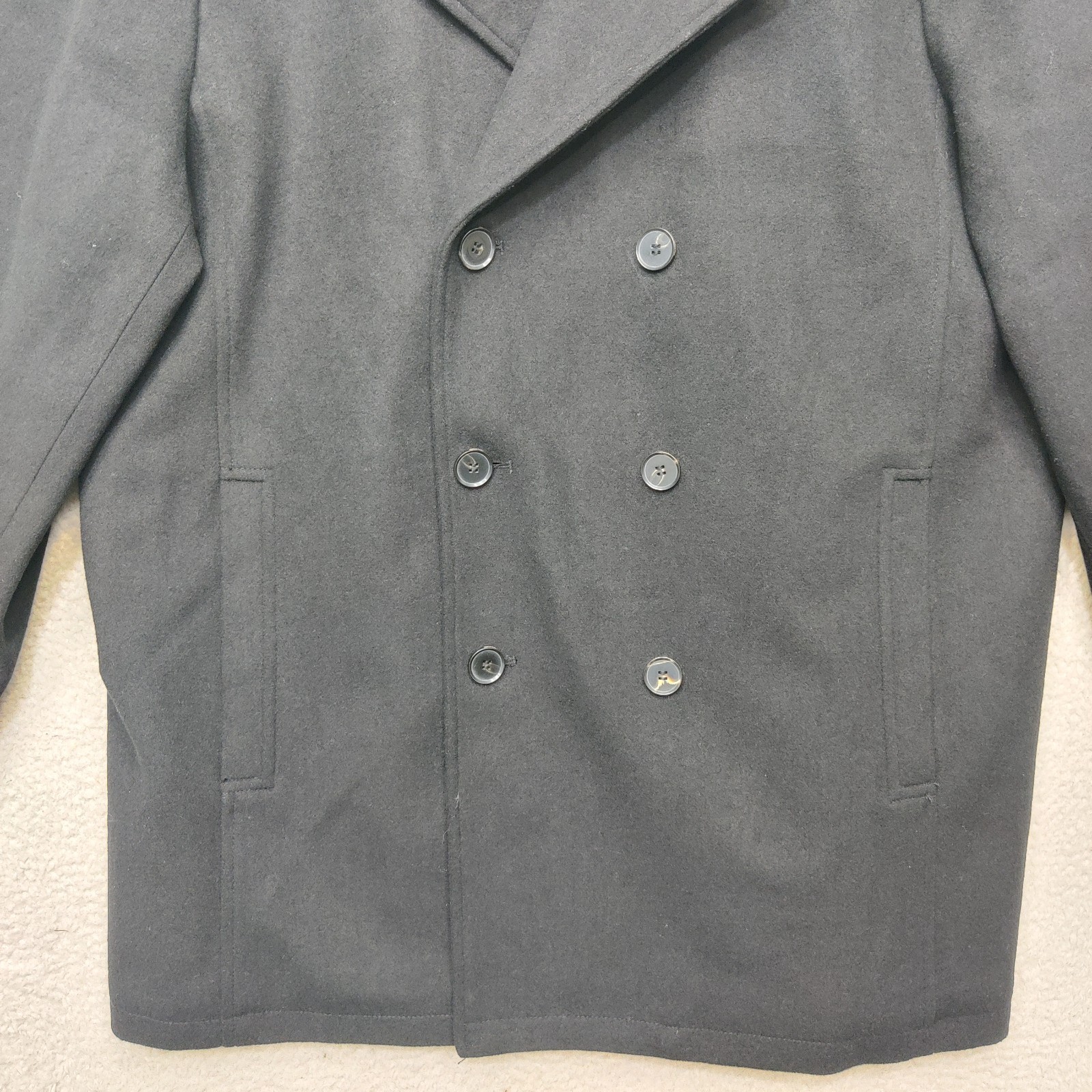 Tahari Peacoat Mens XL Black Wool Blend Business Notch Lapel Double Breasted