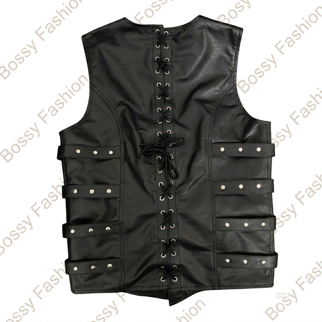 Men’s Black Genuine Leather Corset Vest Steampunk Gothic Wasit Coat