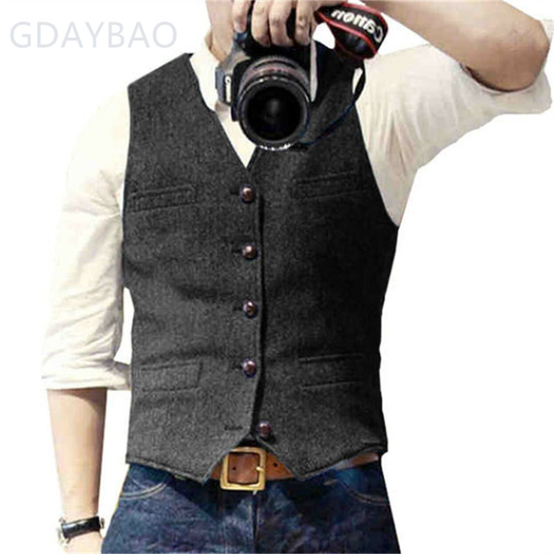Formal Men Herringbone Double-Breasted Tweed Waistcoat Vest Wedding Vintage Wool