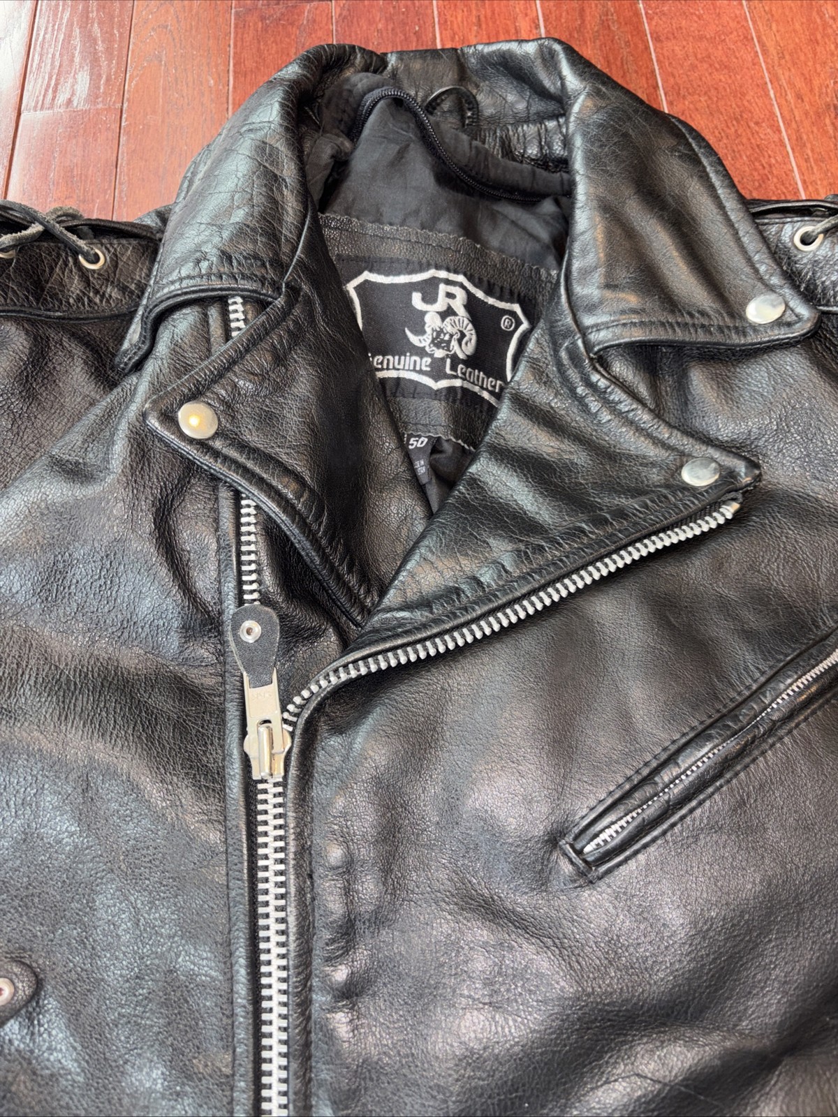 JR Jacket Mens Biker Genuine Leather Motorcycle Lace Up Zipper Details Belted 50