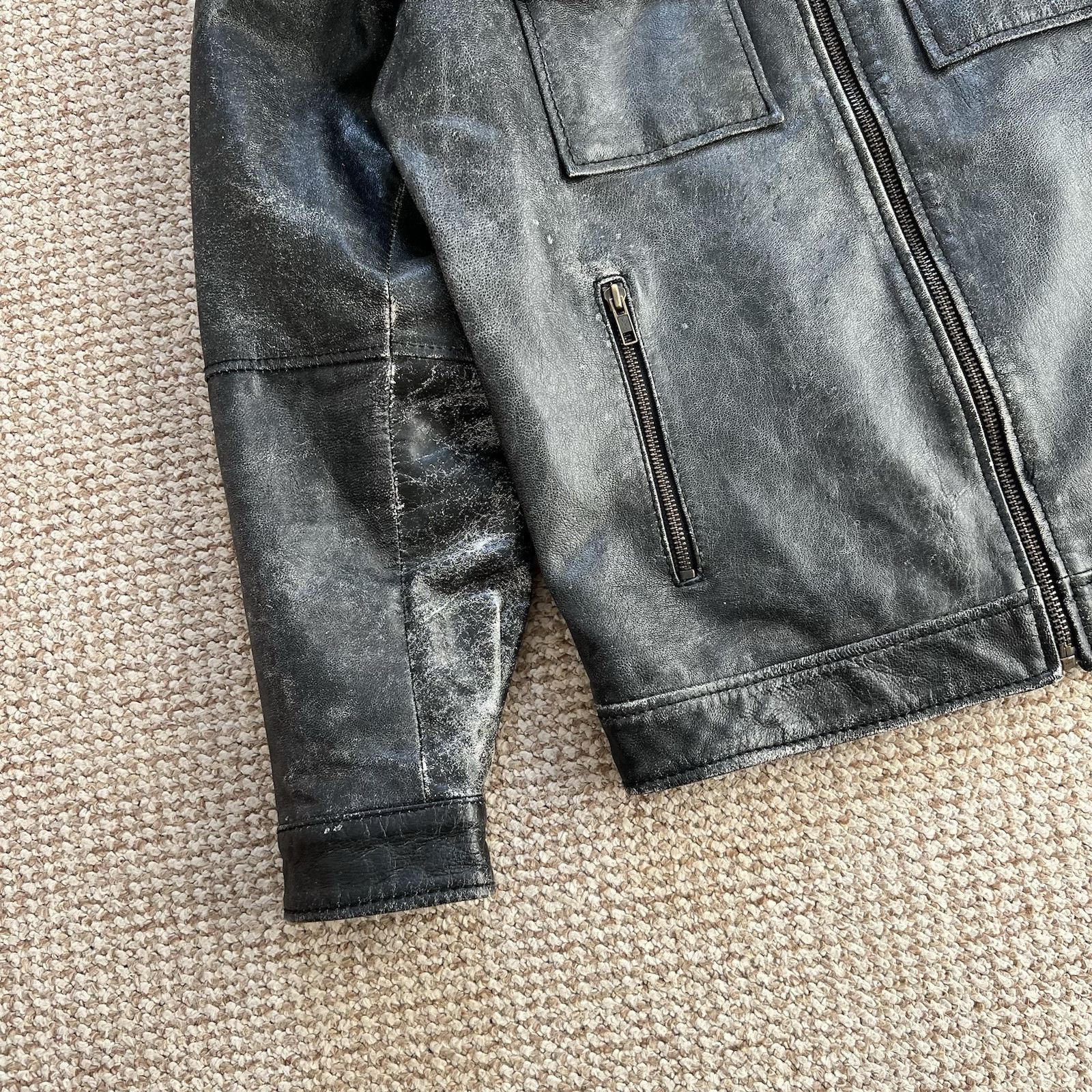 Vintage 90s Avant-garde Faded Gray Leather Jacket Yes or No Size M