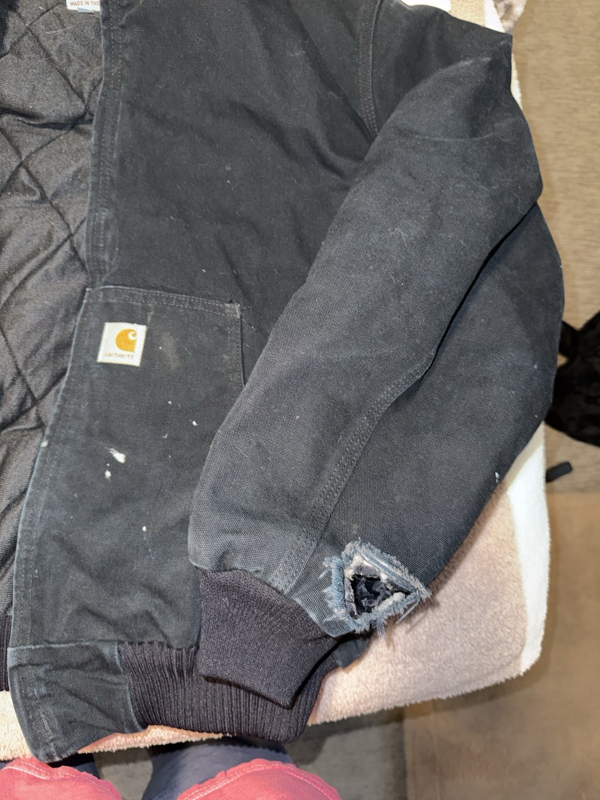Carhartt Men’s Black Hooded Quilted Lined Full Zip Nylon Jacket L Flaws