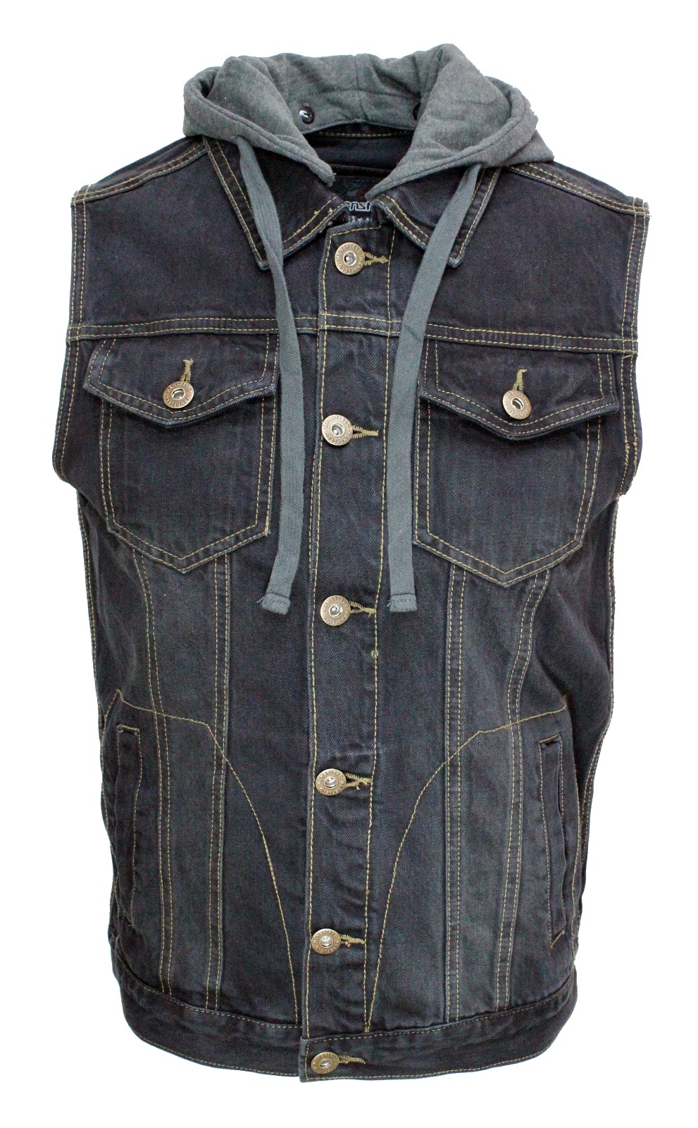 MEN’S HOODED DENIM BIKER VEST JACKET BLACK WASHED DENIM W/DETACHABLE HOODIE.