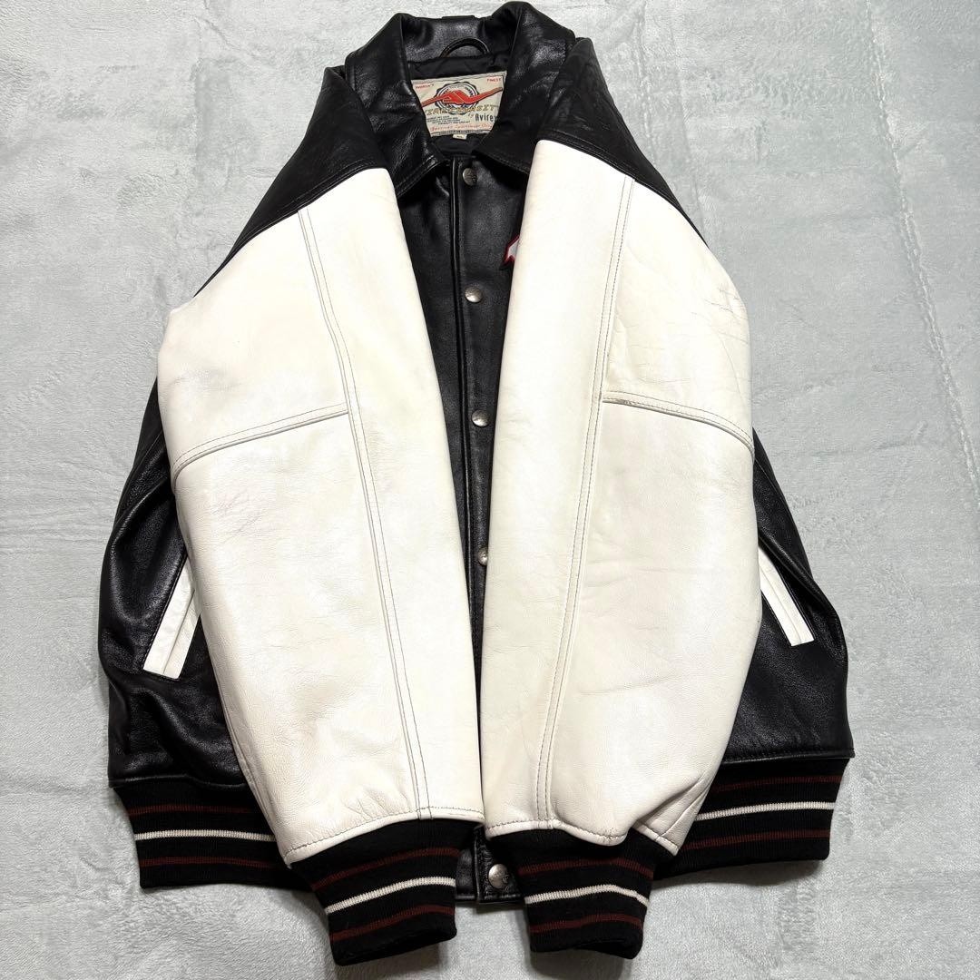 AVIREX XL Leather Varsity Jacket Black White Genuine Leather Cleaned F/S