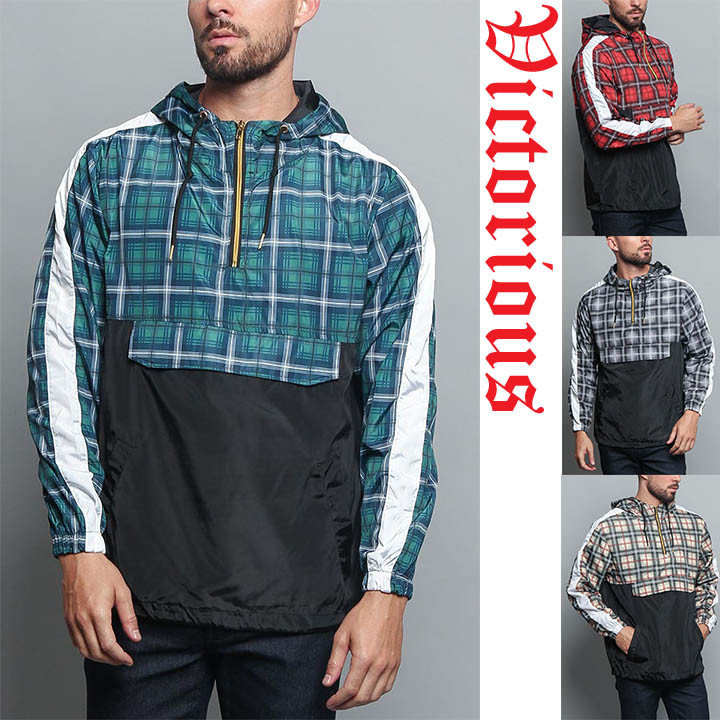 Men’s Plaid Checkered Anorak Hoodie Windbreaker Jacket S~5XL JK5008 – I1A