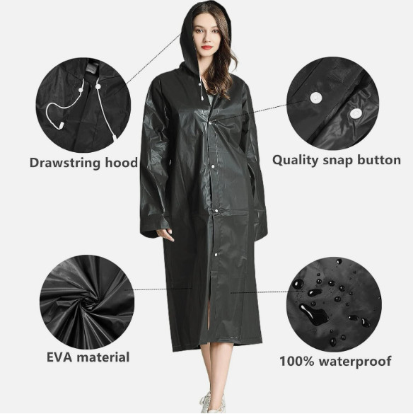 Men Black Waterproof Long Raincoat Rain Coat Hooded Trench Jacket Outdoor Hiking