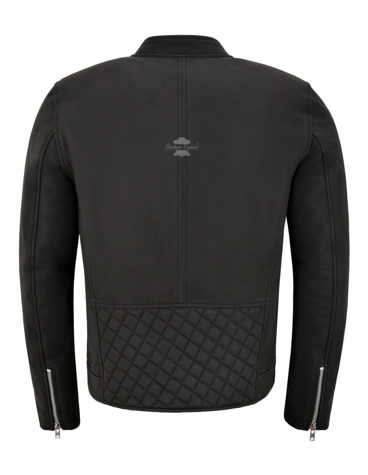 Mens Premium Leather Jacket Matt Black Quilted Panel ZIp Cuffs Real Leather 5240