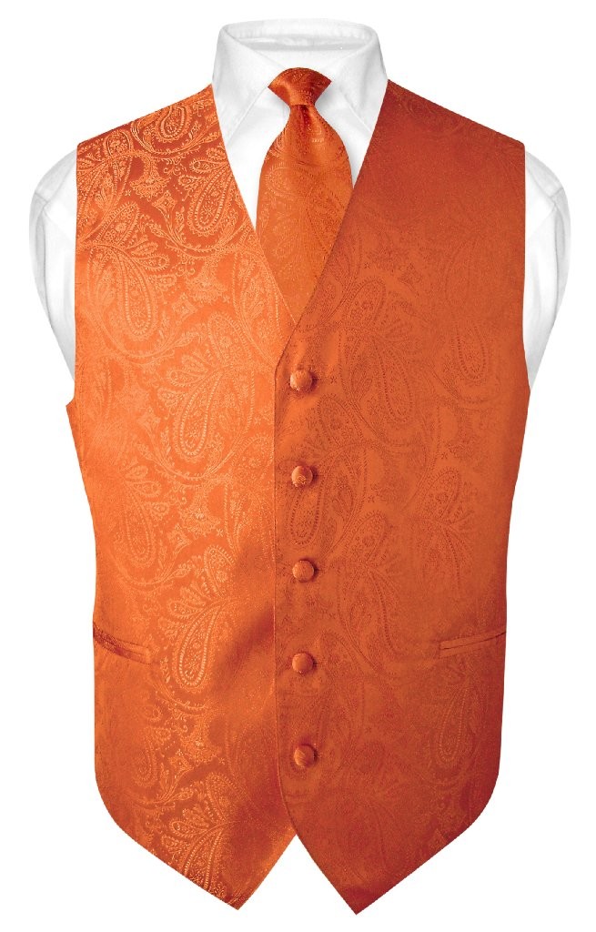 Men’s Dress VEST NeckTie for Suit Tux BURNT ORANGE PAISLEY Design Tie Hanky Set