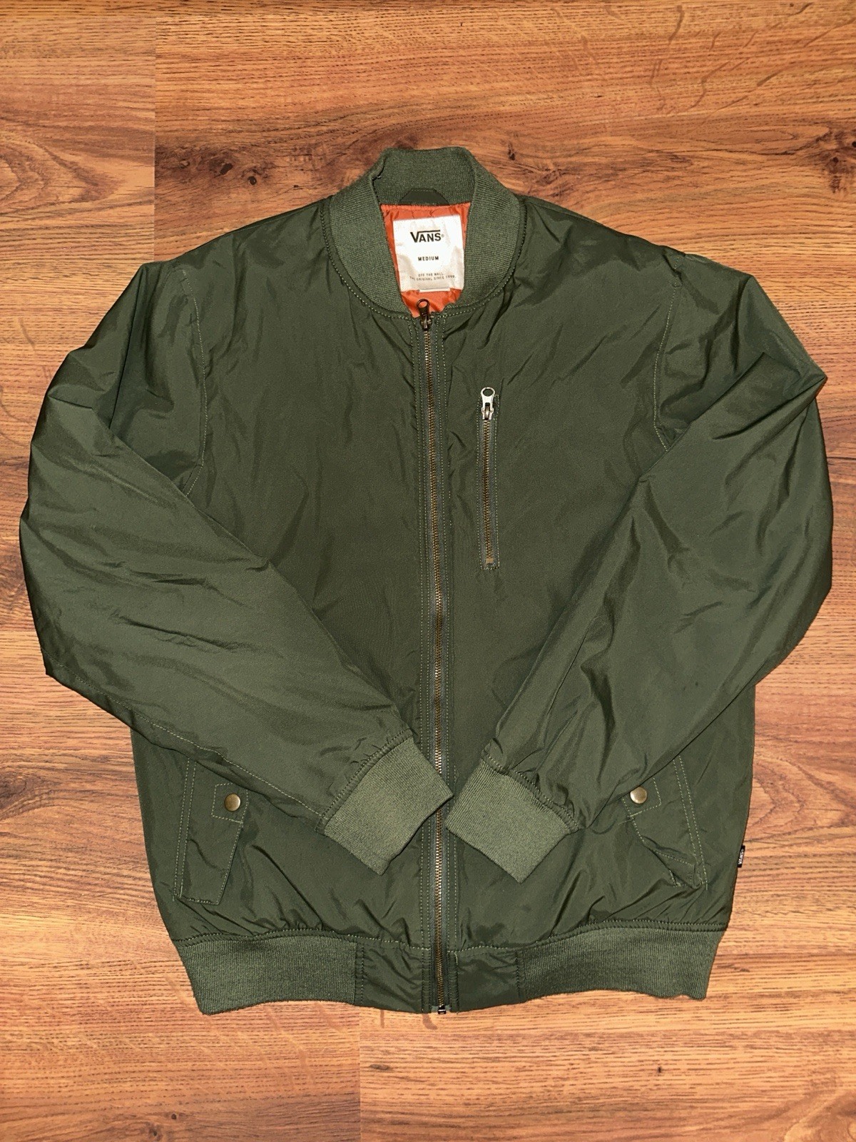 VANS Men’s Green Bomber Jacket Full Zip Orange Quilted Lining Size M