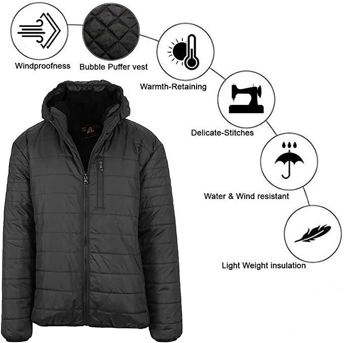 Mens Sherpa-Lined Hooded Puffer Jacket Waterproof Warm Winter Zip Pockets NEW