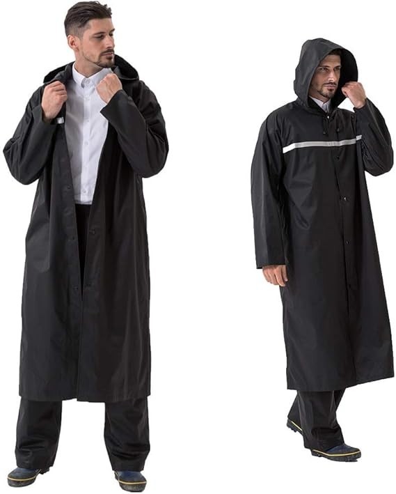 Men Black Waterproof Long Raincoat Hooded Trench Jacket Outdoor Hiking Rain Coat