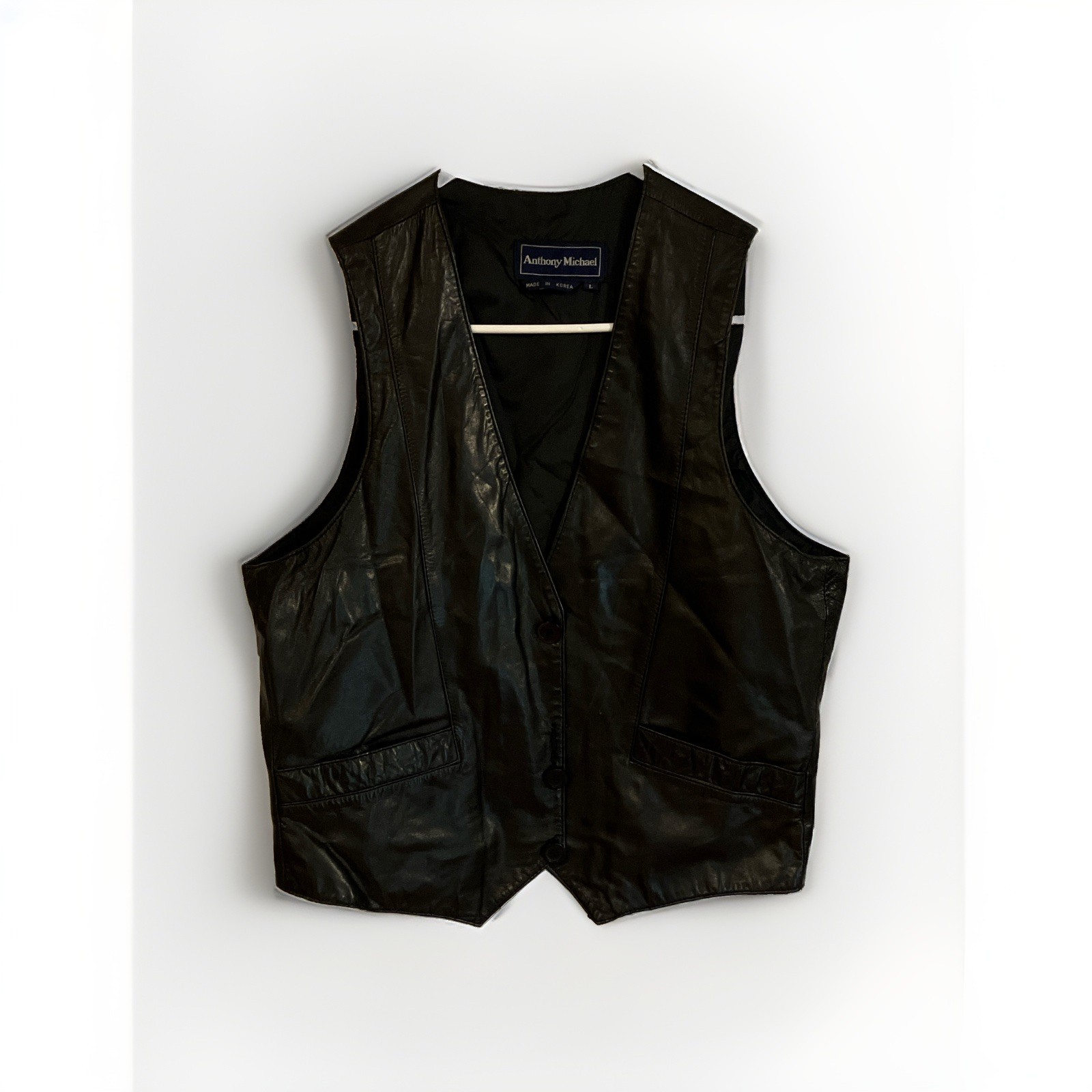 Anthony Michael Men’s Black Leather Button Front V-Neck Lined Vest Pockets L