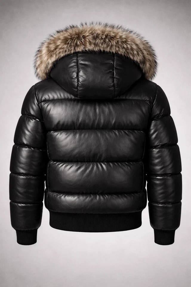 Men’s Genuine Leather Puffer Jacket Black Fur Hood Winter Bomber Coat