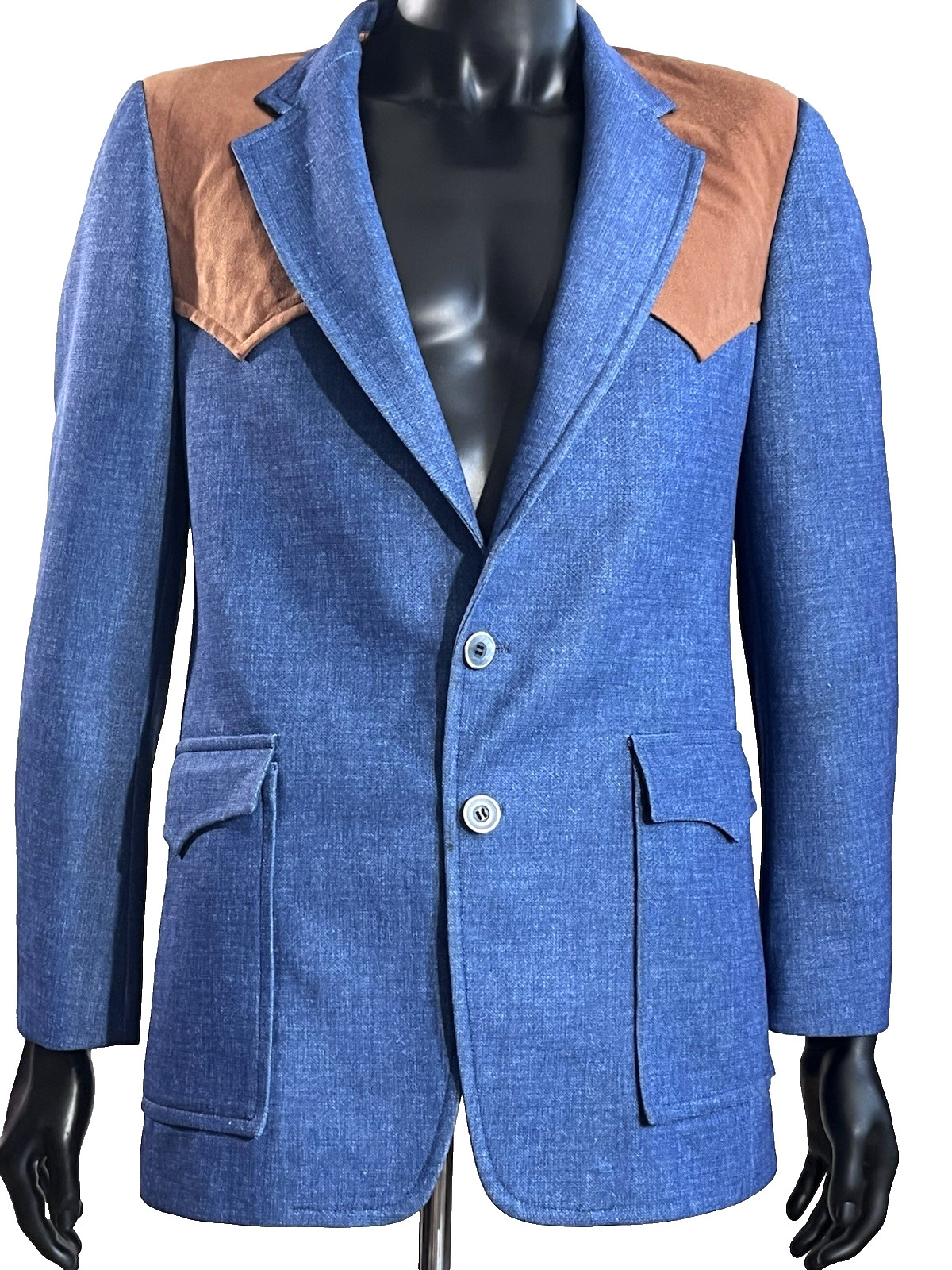 Vintage The Knot Men’s L Blue Denim & Leather Western Blazer 1970’s Two Button