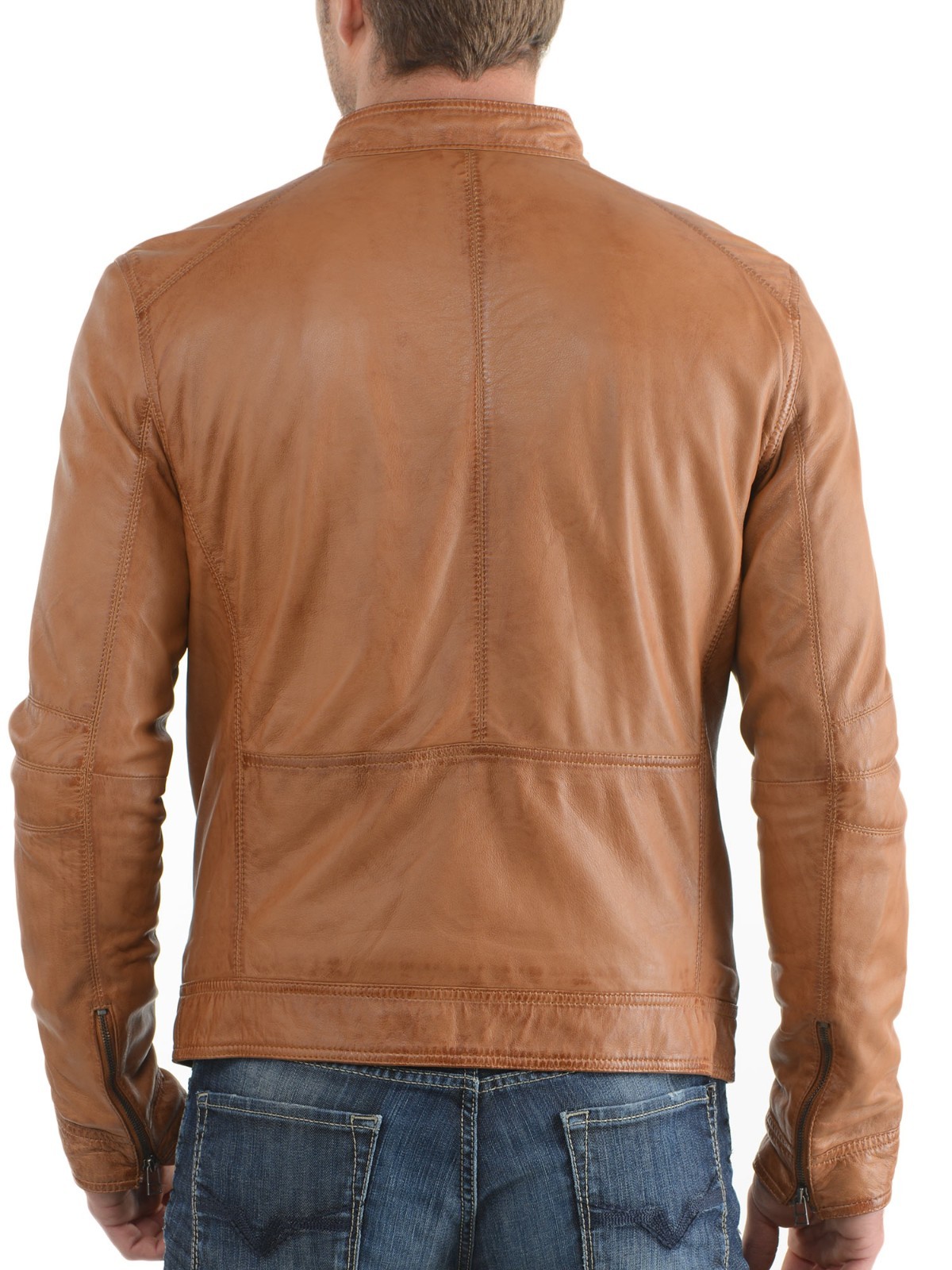 Stylish Men’s Tan Real Lambskin Leather Bomber Jacket Stylish Motorcycle Coat