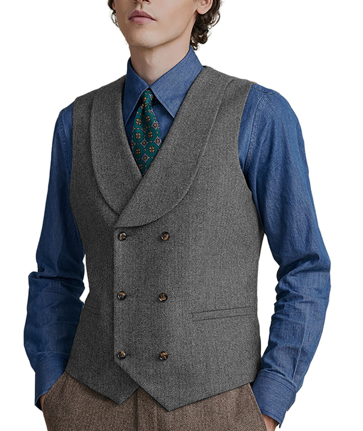 Shawl lapel Vests Mens Double-breasted Waistcoats Tweed Herringbone Wedding Wool