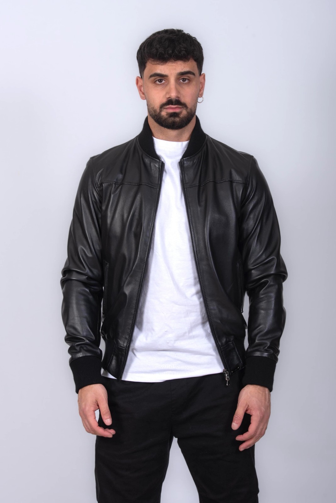 MEN’S BLACK LEATHER BOMBER Biker Casual (Genuine leather 100% made in Italy)