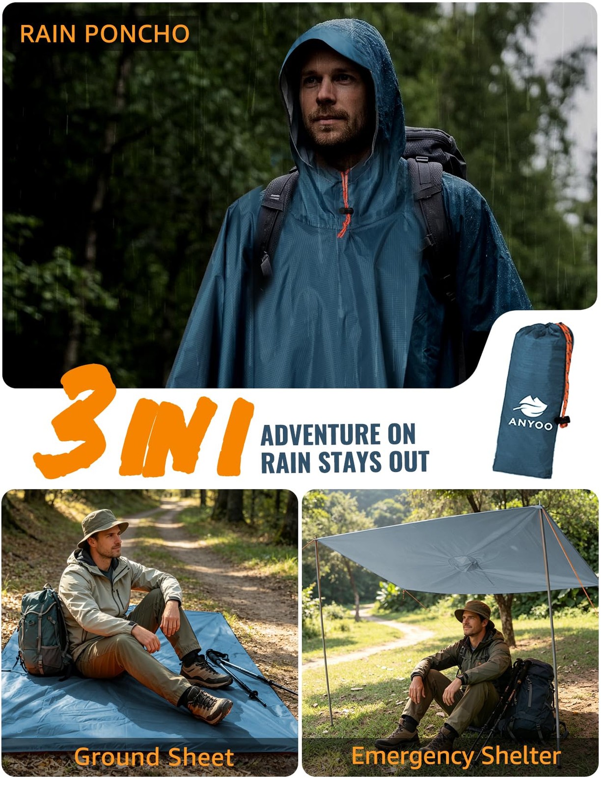 ANYOO Hooded Rain Poncho for Adults Waterproof Lightweight Rain Coats for Men…
