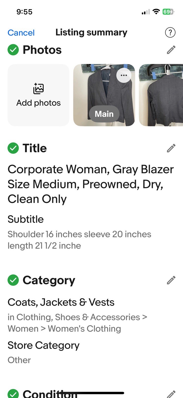 Blazer, Gray, Corporate woman, size medium, preowned, dry, clean only