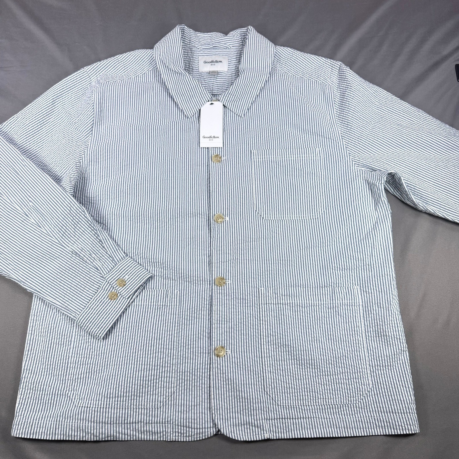 Goodfellow Mens XL Blue White Seersucker Cotton Chore Jacket Stripe Button Coat