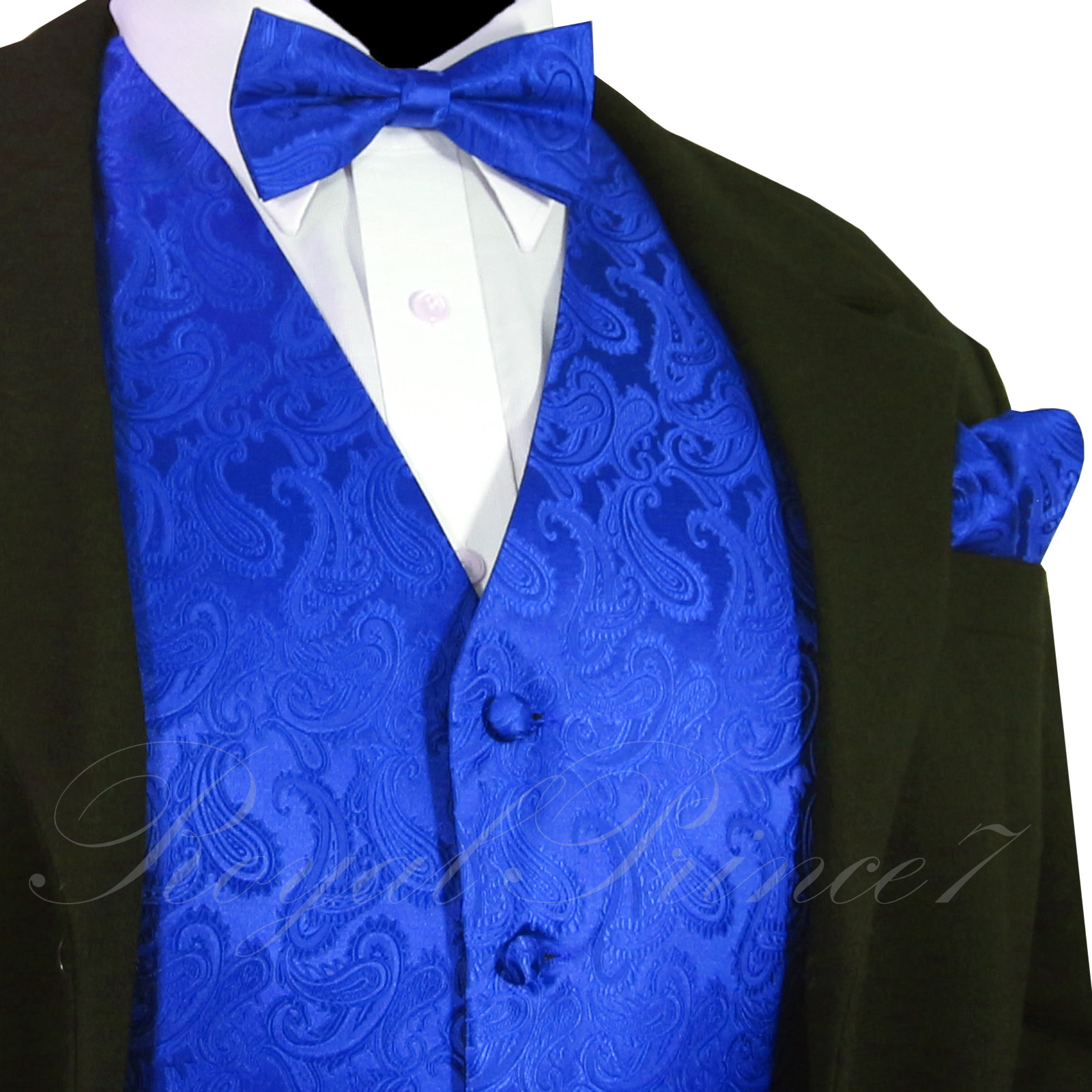 Royal Blue XS to 6XL Paisley Tuxedo Suit Dress Vest Waistcoat & Bow tie Hanky