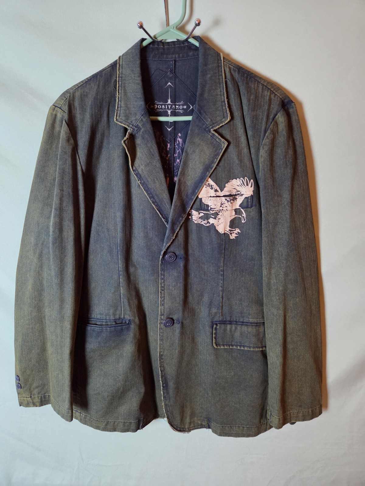 Positano Blue Denim Long Sleeve Y2K Graphic Lapel Button Front Blazer Sz L