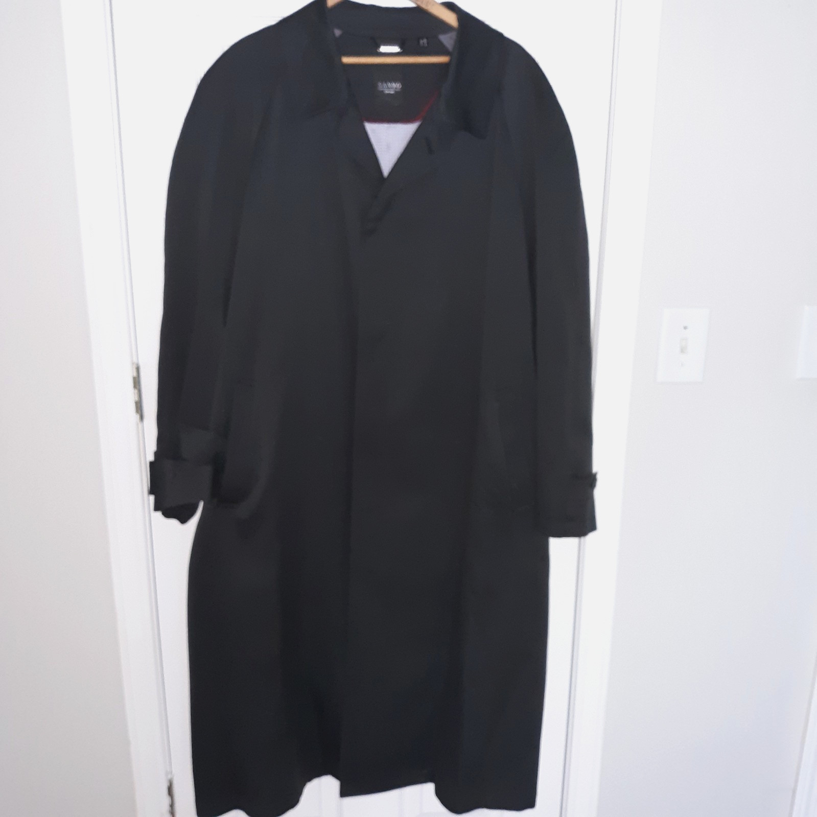 VTG Sanyo Overcoat Trench Luxury Silk Lined Men Sz 46R Blk Hidden Placket Belt