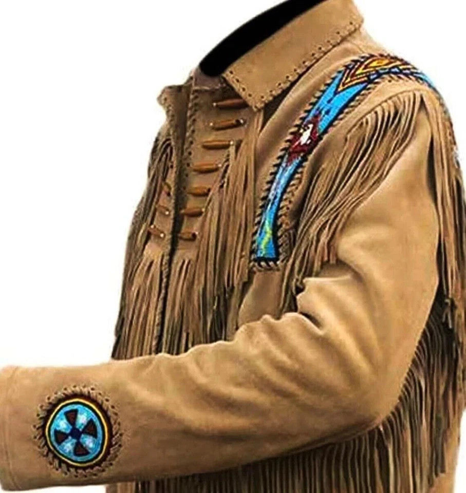 Mens Buckskin Leather Suede Jacket Fringes Deerskin Mountain Man Native American
