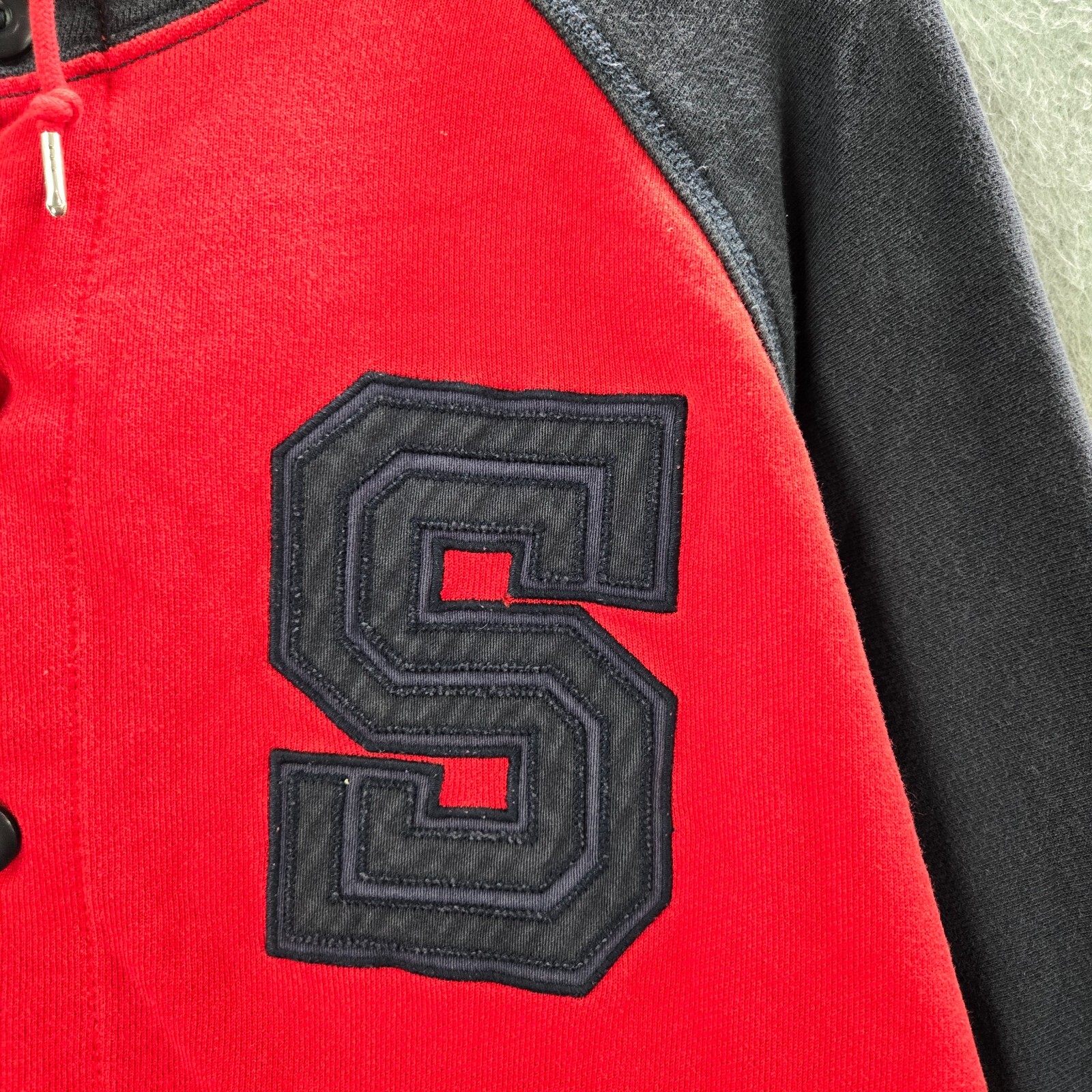 VINTAGE Nike Men Varsity Jacket Large Red Black Button Up Hoodie Drawstring