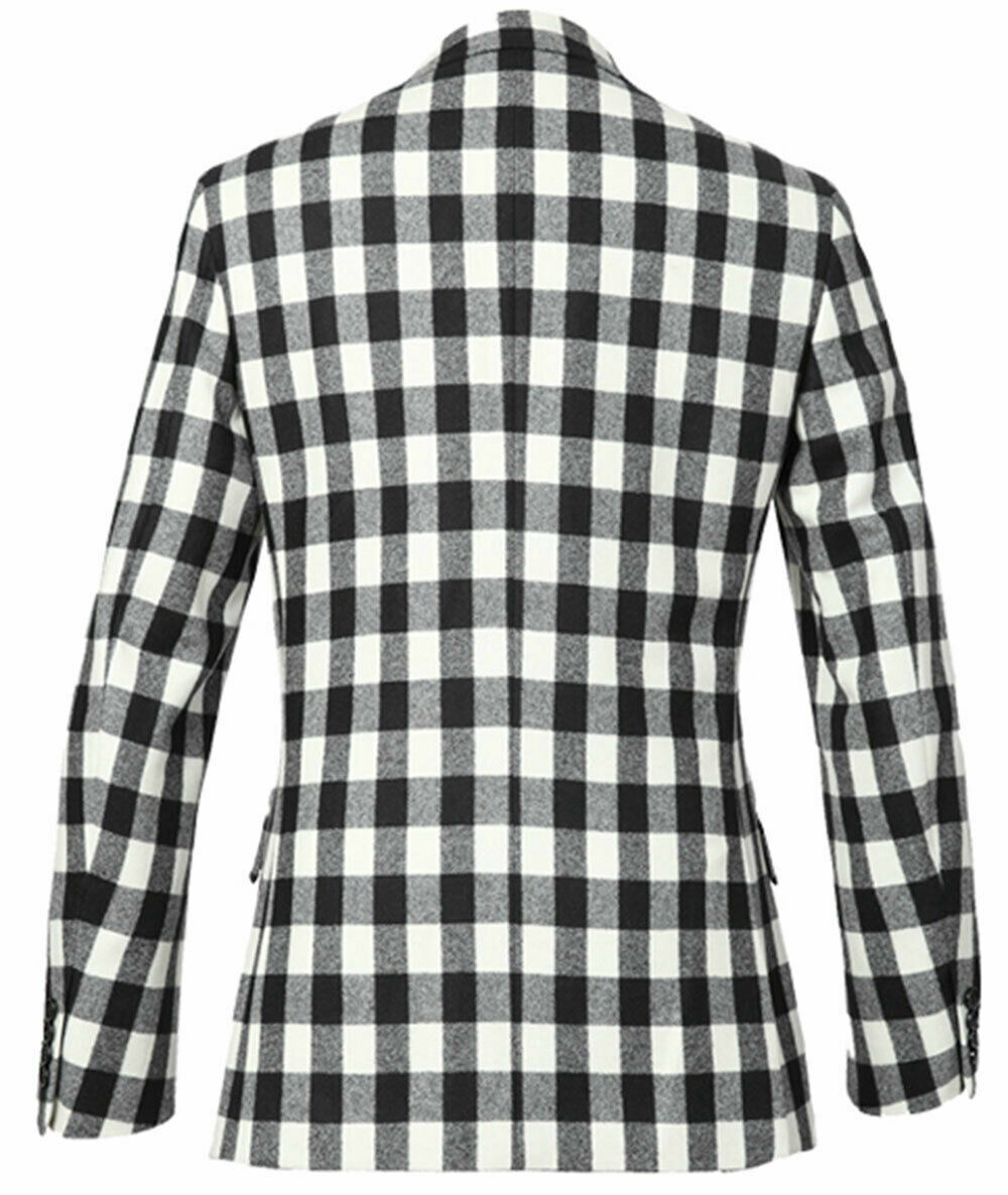 Black and White Check Mens Blazer Plaid Casual Business Slim Workwear Tuxedos