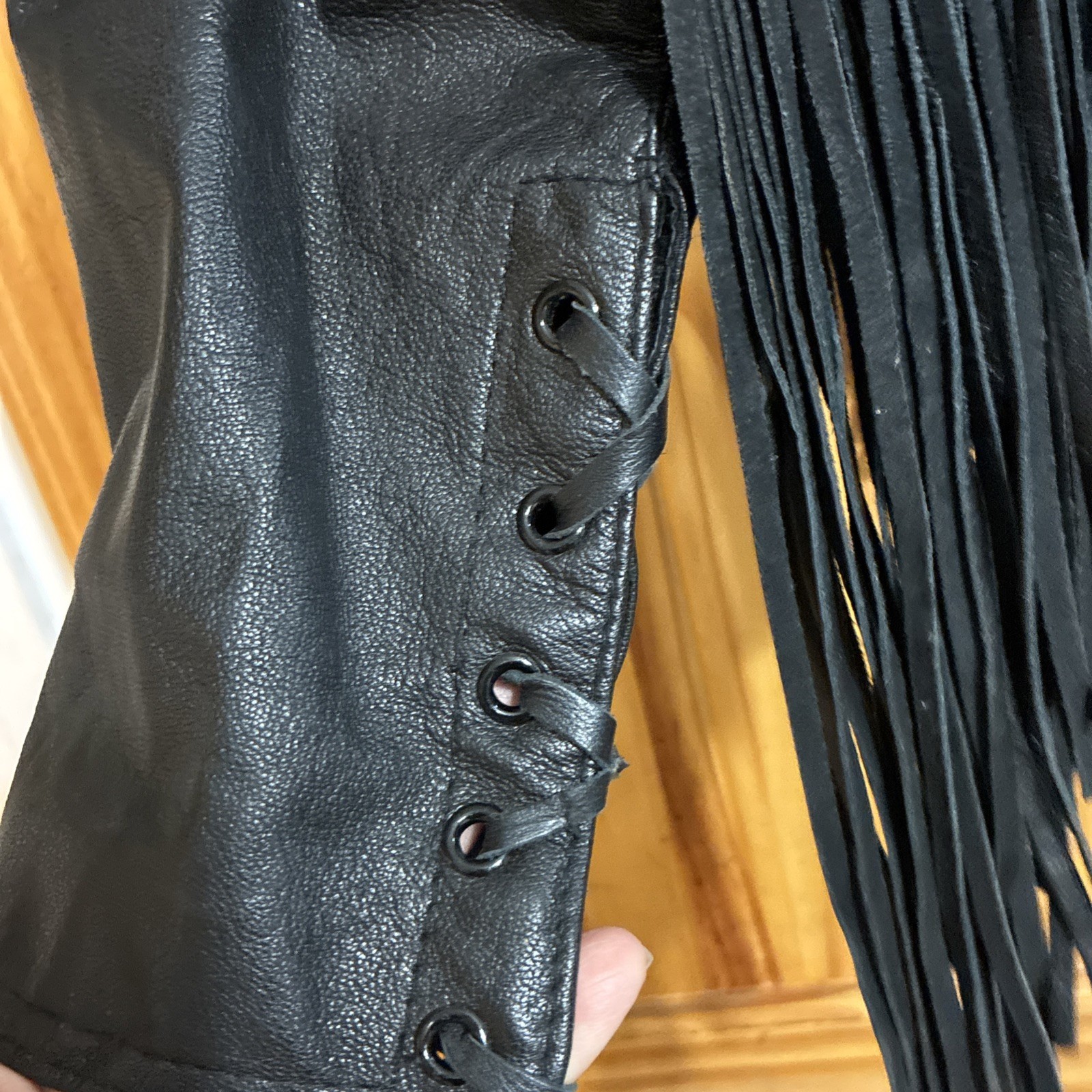Vtg First Genuine Leather Fringe Pullover Jacket Black Size S Lace Up Biker