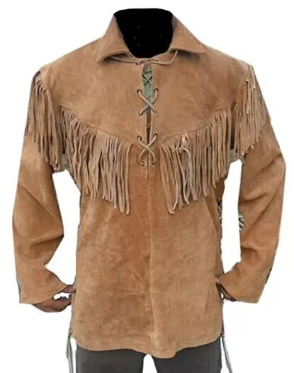 Men Western Cowboy Suede Fringe Shirt Native American Fringe Leather Jacket