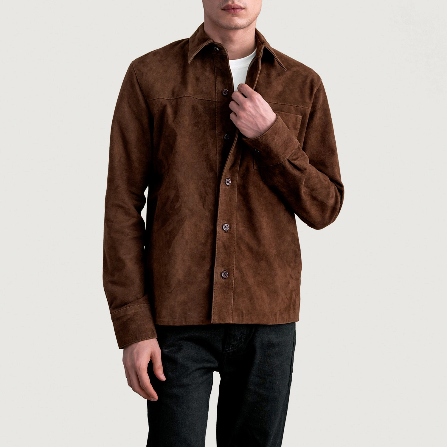 Mens Brown Shirt Jacket Pure Suede Leather Custom Made XS S M L XXL 3XL 4XL 5XL