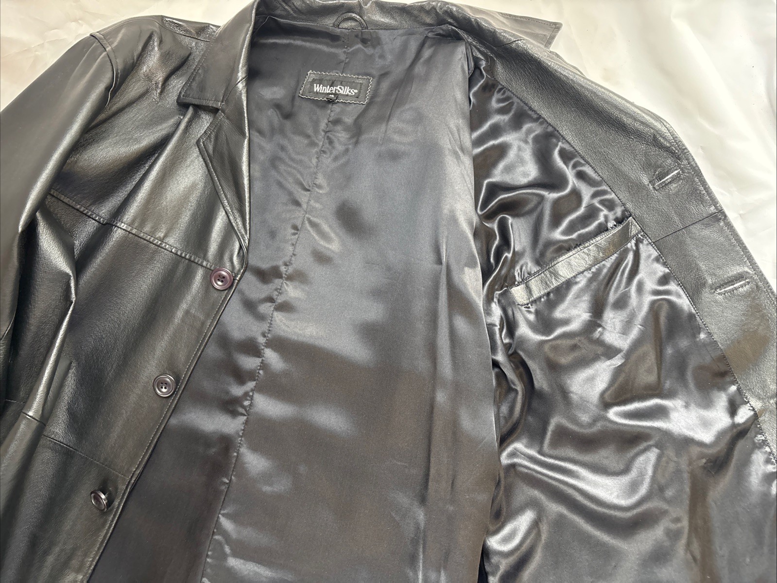 Leather Jacket Wintersilks Coat Four Button – Silk Lining Men’s Size XL Black￼