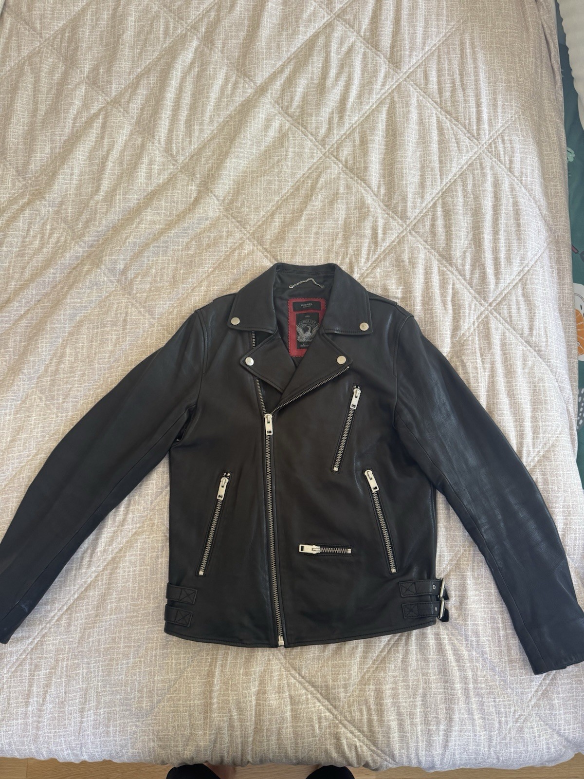 Diesel Mens Black Leather Lambskin Biker Jacket Lined Notch Collar Zip/Buckle XL