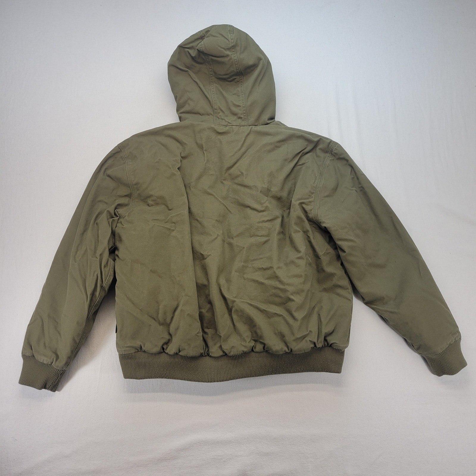 Woolrich Hooded Work Jacket Mens XL Green Canvas Plaid Lined Quilted Full Zip