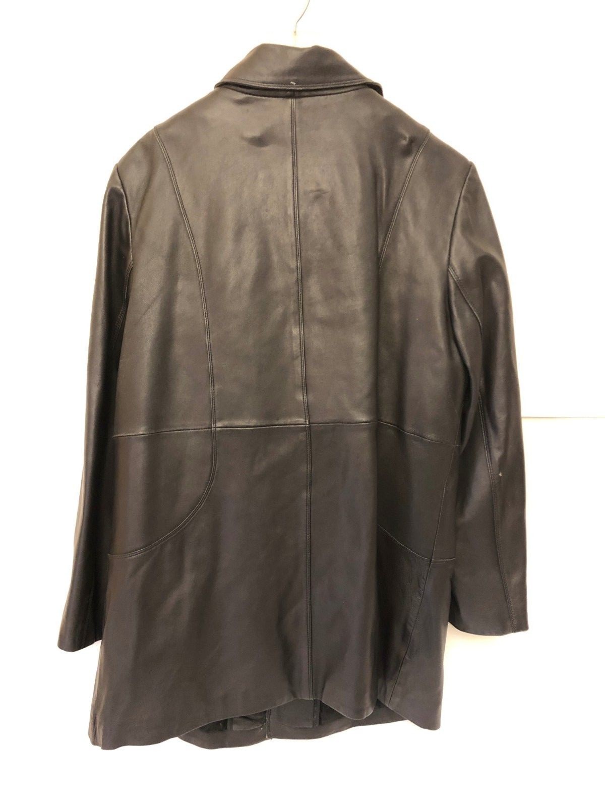 London Fog Men’s Leather Coat Large Four Button Front Black Jacket Fleece Lined