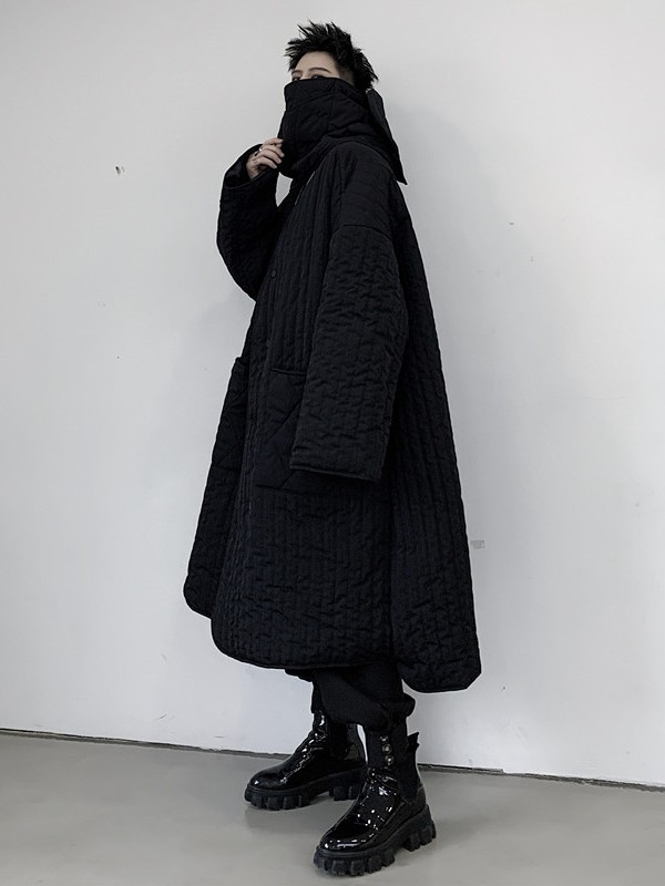 Dark Loose Men’s Mid Length Winter Cotton Jacket Windbreaker with Scarf Coat