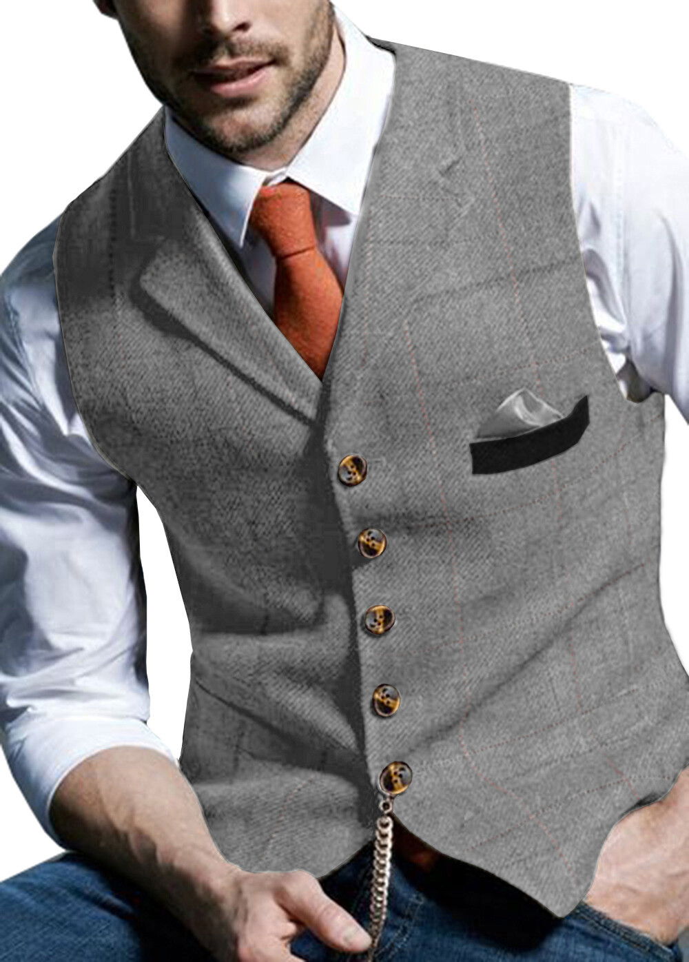 Mens Suit Vest Tweed Plaid Waistcoat Herringbone Wool Wedding Vintage Windowpane