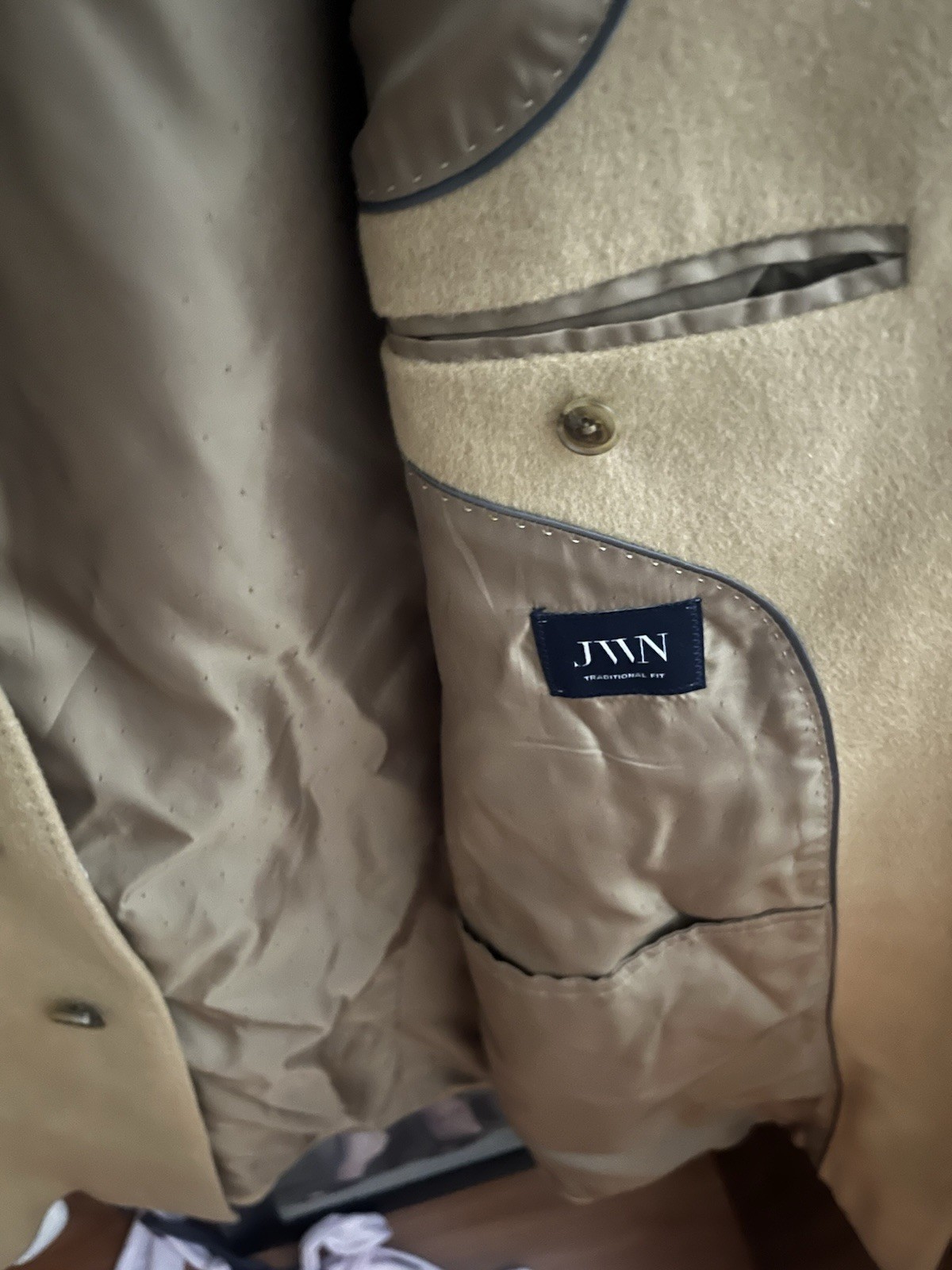 JWN NORDSTROM Men’s Wool Overcoat Beige Long Lined Button Front Size 44