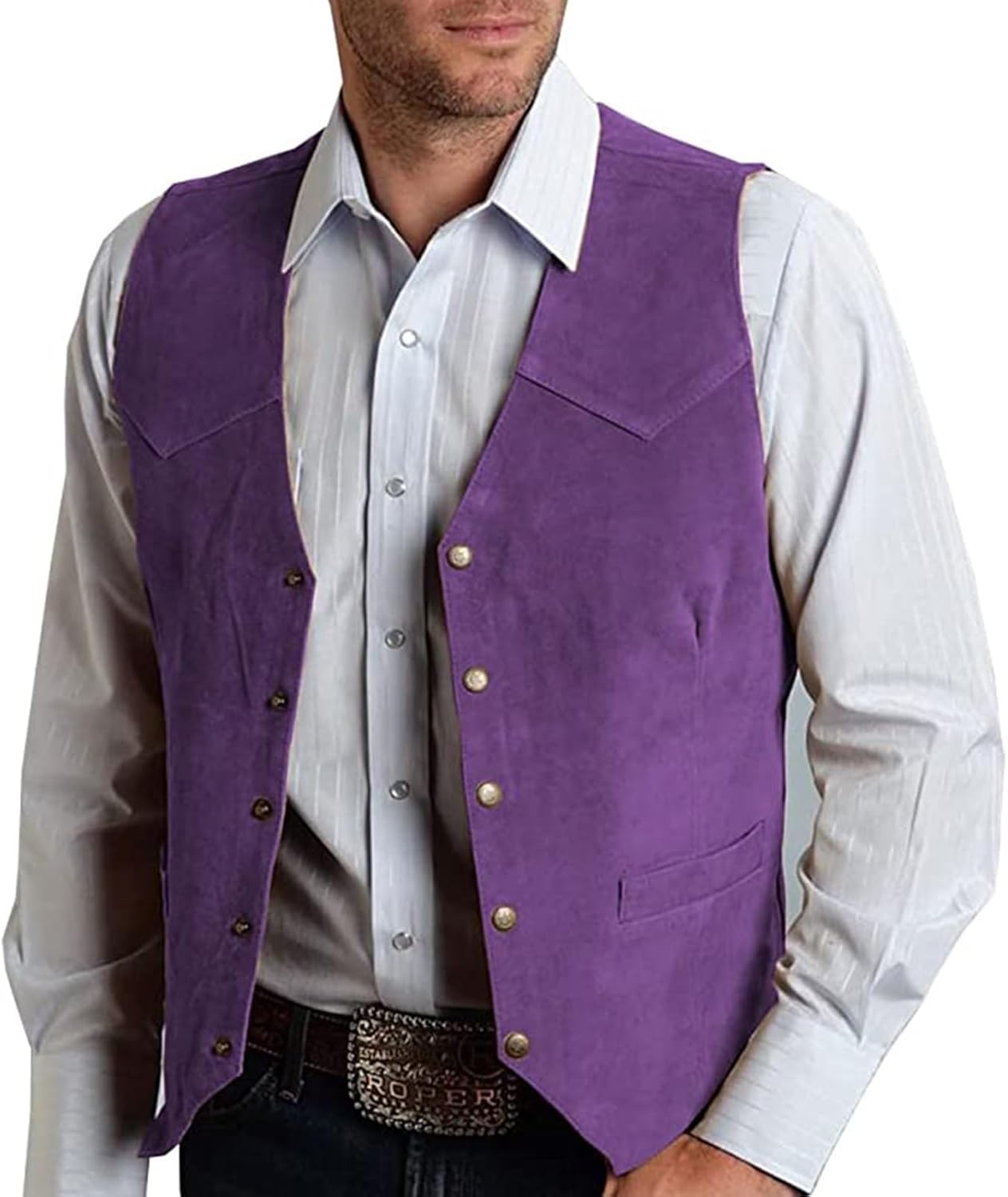 Men’s Suede Leather V-Neck Suit Vest 5 Button Regular Fit Waistcoat Prom Wedding