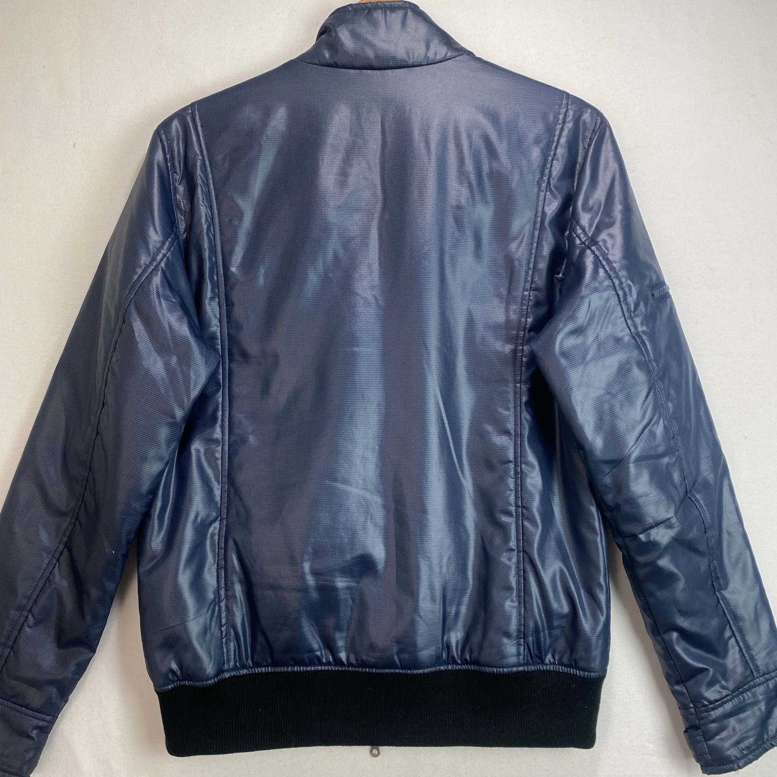 G by GUESS Mens Blue Metallic Bomber Jacket Small Shiny Full Zip Moto Coat