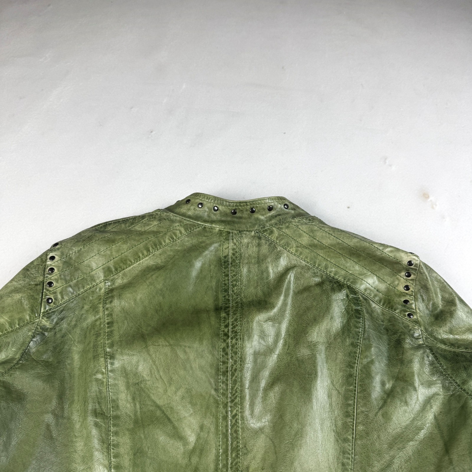 Mens Vintage Green Genuine Leather Moto Jacket Studded Collar Biker Y2K Grunge