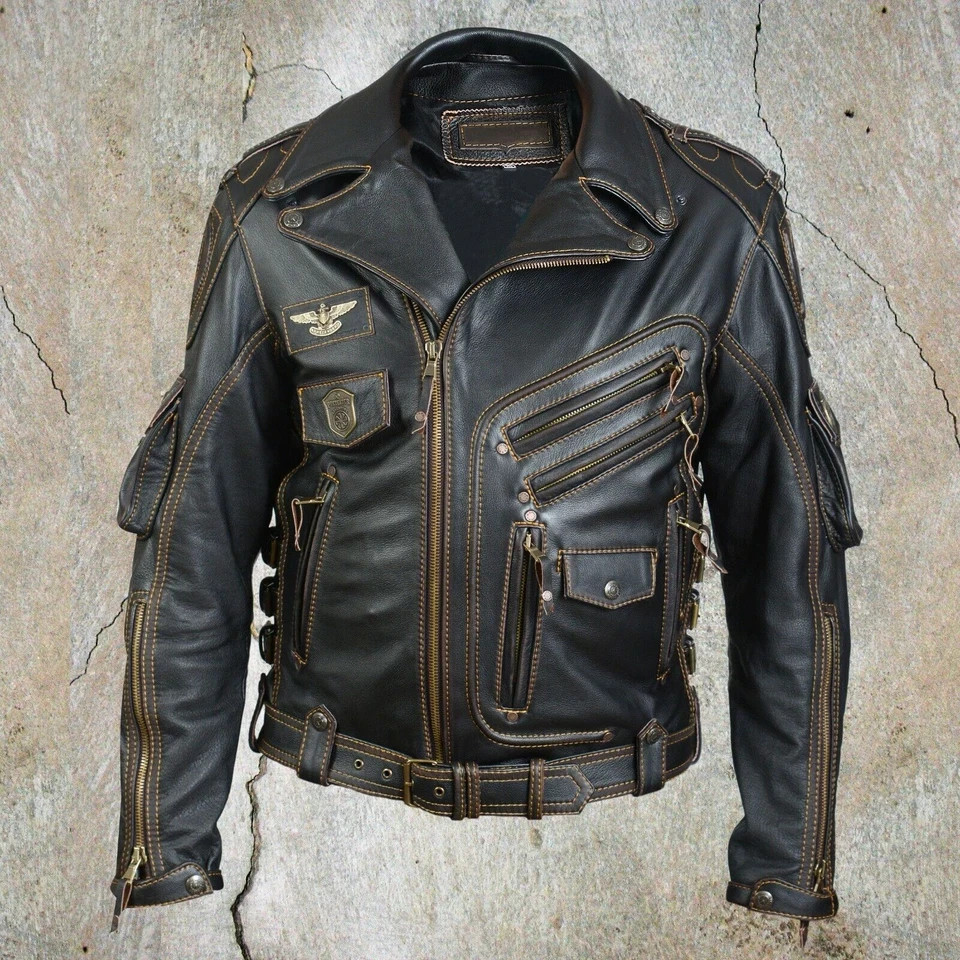 Men’s Cowhide Leather Biker Jacket Premium Black Motorcycle Riding Jacket XS-4XL